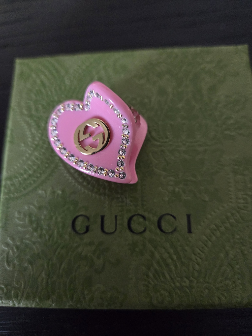 Gucci Pink Heart Logo Ring with Crystals